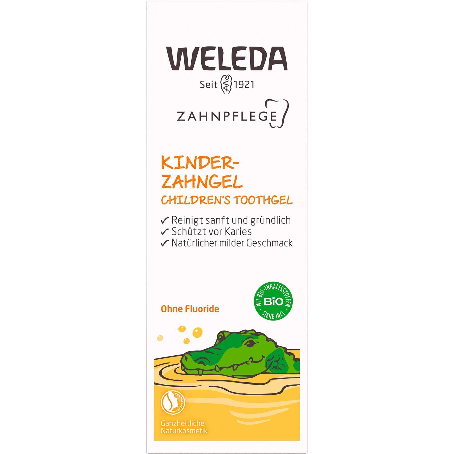 Verpackung Weleda Kinder-Zahngel mit Krokodil-Illustration. Bio-Siegel und Naturkosmetik-Hinweis.