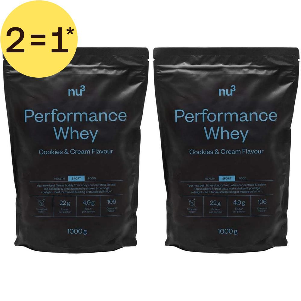 Deux sachets de nu3 Performance Whey saveur Cookies & Cream, 1000g chacun, avec promotion "2=1".