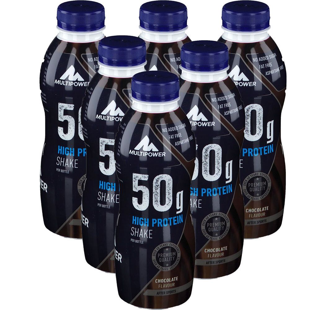 Sechs Flaschen Multipower High Protein Shake, Schokoladengeschmack. Blaue Deckel, schwarze Flaschen mit weißen Schriftzügen.