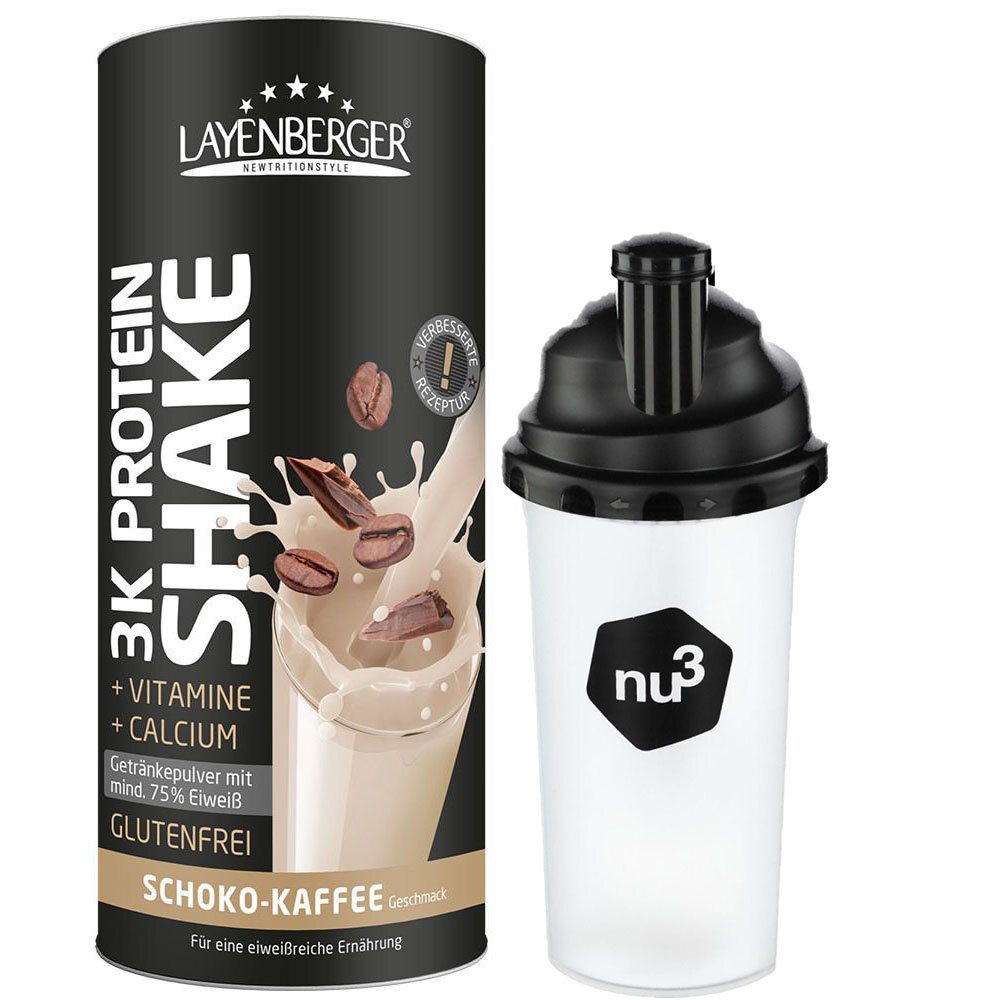 Boîte de LAYENBERGER 3K Protein Shake Schoko-Kaffee et shaker nu3. Boîte avec informations produit, shaker transparent avec couvercle noir.