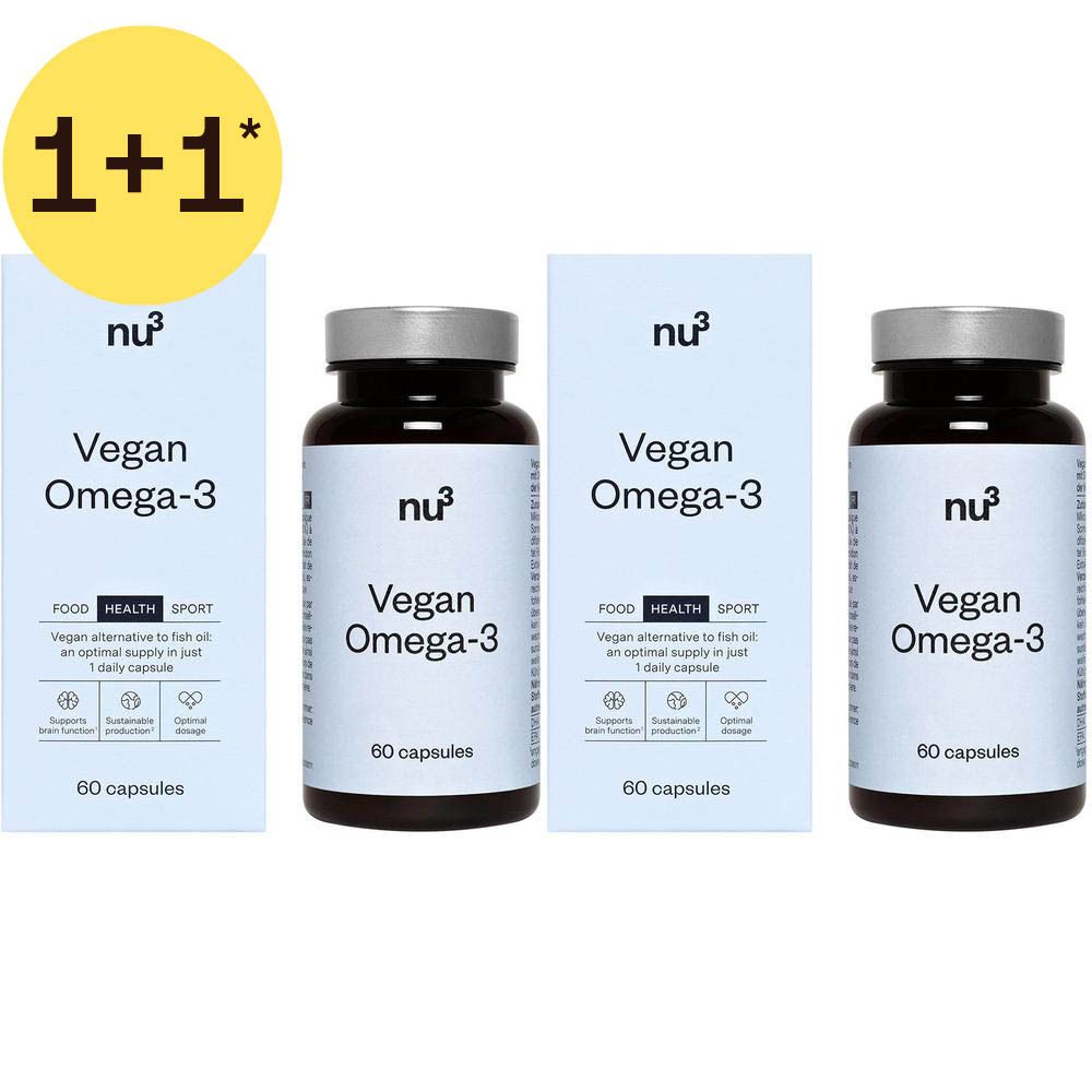 Zwei nu³ Vegan Omega-3 Kapselbehälter und zwei Schachteln, 60 Kapseln pro Behälter.
