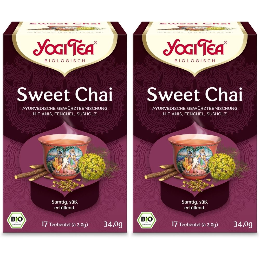 Deux boîtes de thé. Inscription: YOGI TEA, Sweet Chai. Image d'une tasse de thé, fenouil et épices. Label bio. 17 sachets.