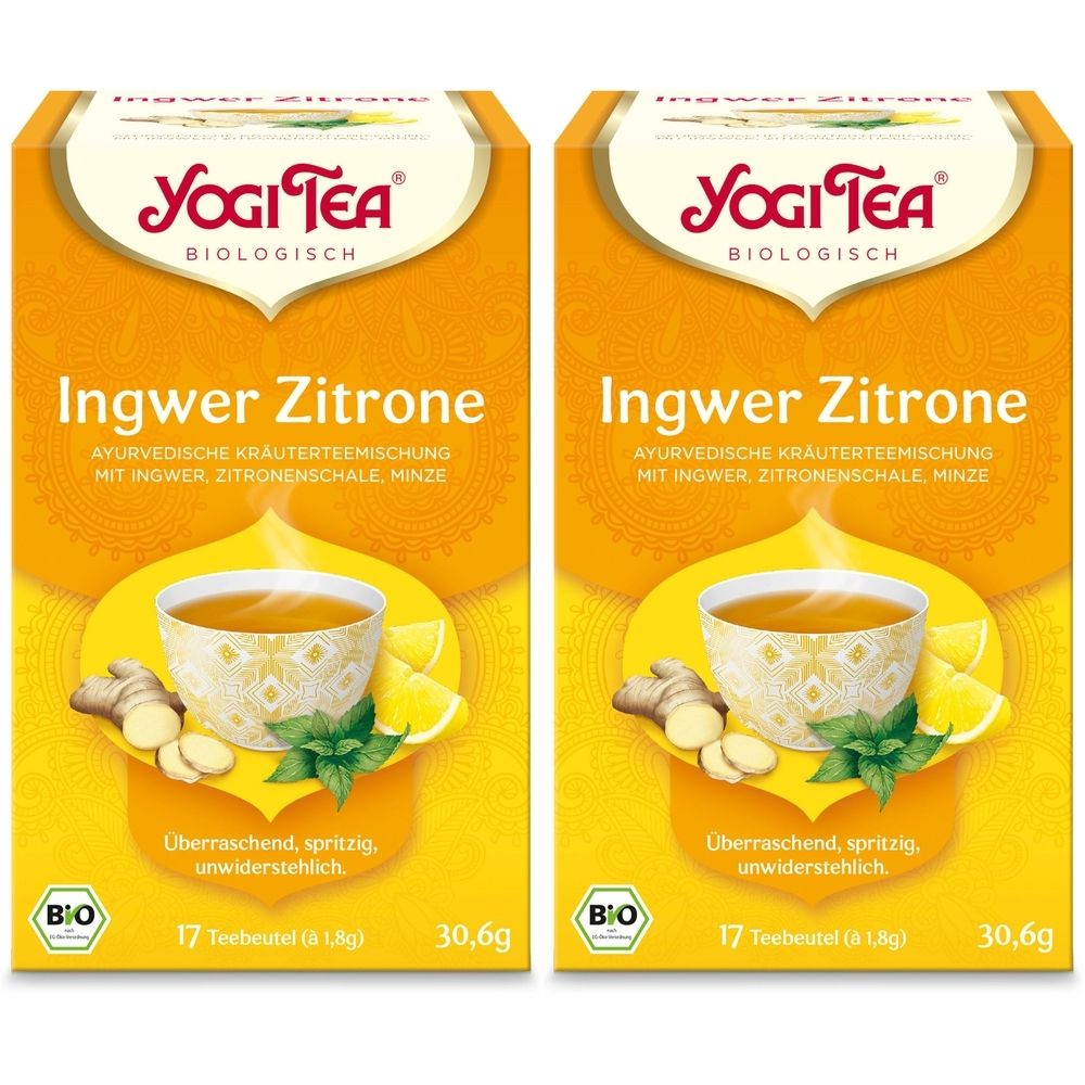 Deux boîtes de YOGI TEA® Ingwer Zitrone. Emballage jaune avec nom du produit, illustrations de gingembre, citron et sachet de thé. Label bio.