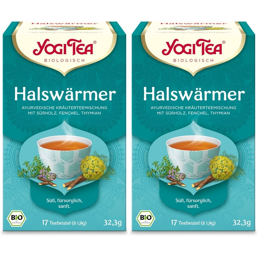 Deux boîtes de thé YOGI TEA® Halswärmer. Emballage turquoise avec nom et logo du produit. Contient 17 sachets.