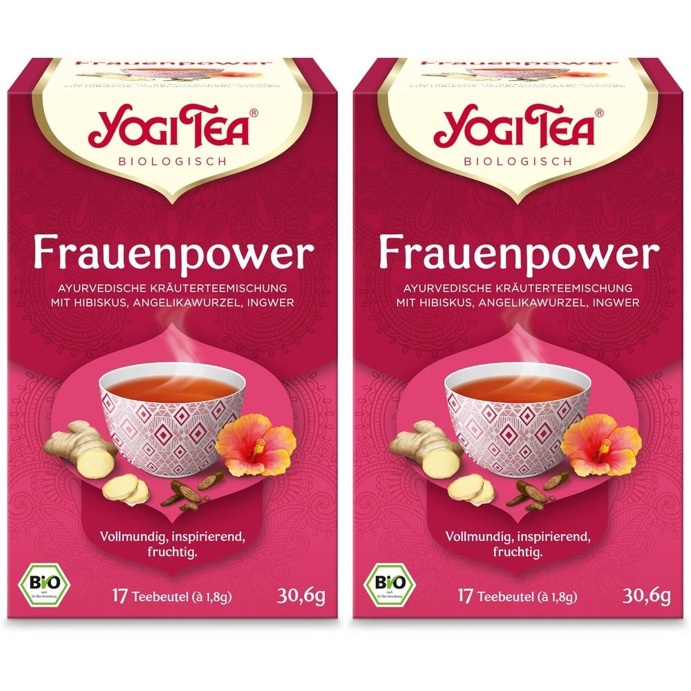 Deux boîtes de thé YOGI TEA® Frauenpower. Emballage rouge avec logo, nom du produit et ingrédients. Label bio et 17 sachets.