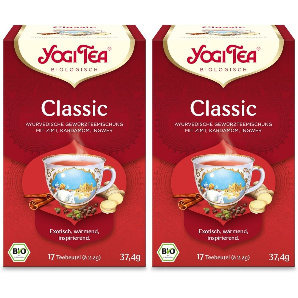 Deux boîtes rouges de YOGI TEA® Classic. Inscriptions : logo, nom du produit, mélange de thé aux épices ayurvédique, 17 sachets, 37,4g, label bio.