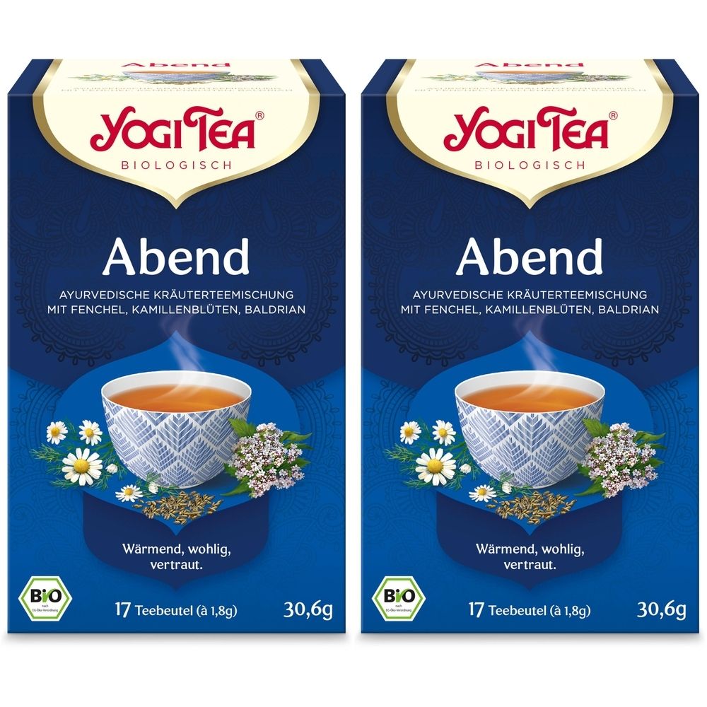 Deux boîtes de thé identiques. Inscription : YOGI TEA, Abend, Bio Kräutertee. Contient 17 sachets. Image d'une tasse de thé avec des herbes.