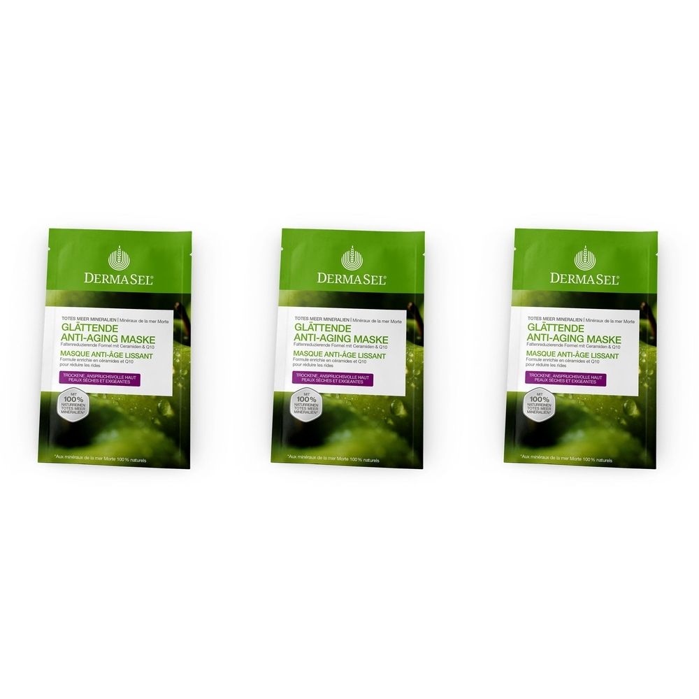 Trois sachets verts avec l'inscription DERMASEL et GLATTENDE ANTI-AGING MASKE. Chaque sachet présente un logo et du texte en blanc et violet.