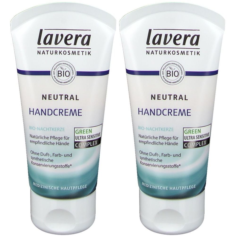 Deux tubes de crème pour les mains. Blanc, avec bande bleue et accents verts. Inscription : lavera, Neutral Handcreme, label bio.