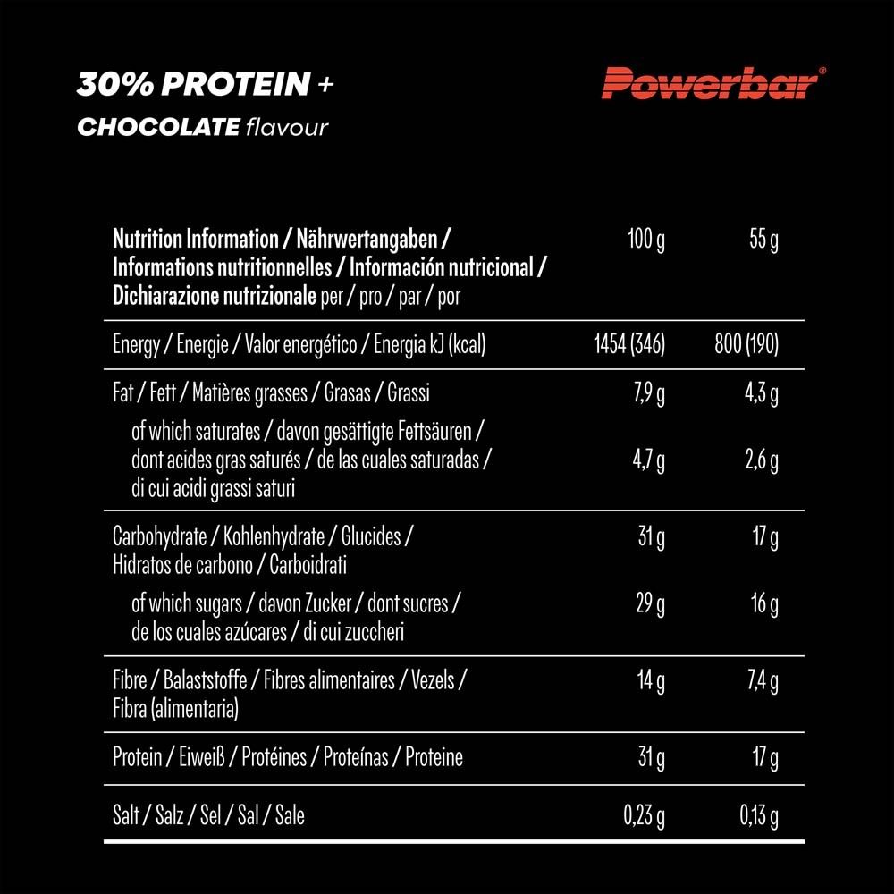 Nährwertangaben für Proteinriegel. Energie, Fett, Kohlenhydrate, Ballaststoffe, Eiweiß, Salz. 100g und 55g Angaben.