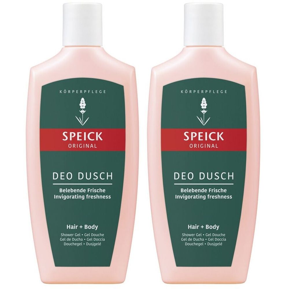Deux flacons roses avec bouchons blancs. Inscription : SPEICK ORIGINAL, DEO DUSCH, fraîcheur vivifiante. Étiquette verte et rouge.