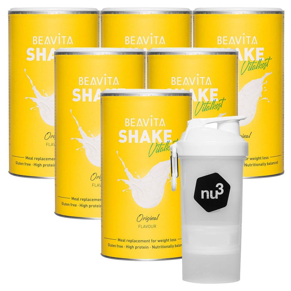Mehrere Dosen BEAVITA SHAKE Vitalkost Original, Vanille, mit nu3 SmartShake-Becher. Gelbe Dosen, weißer Schriftzug. Becher mit schwarzem Logo.
