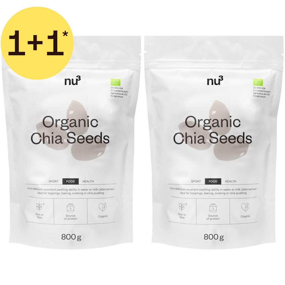 Zwei Packungen Bio-Chiasamen, jeweils 800g. "1+1"-Aktion hervorgehoben.