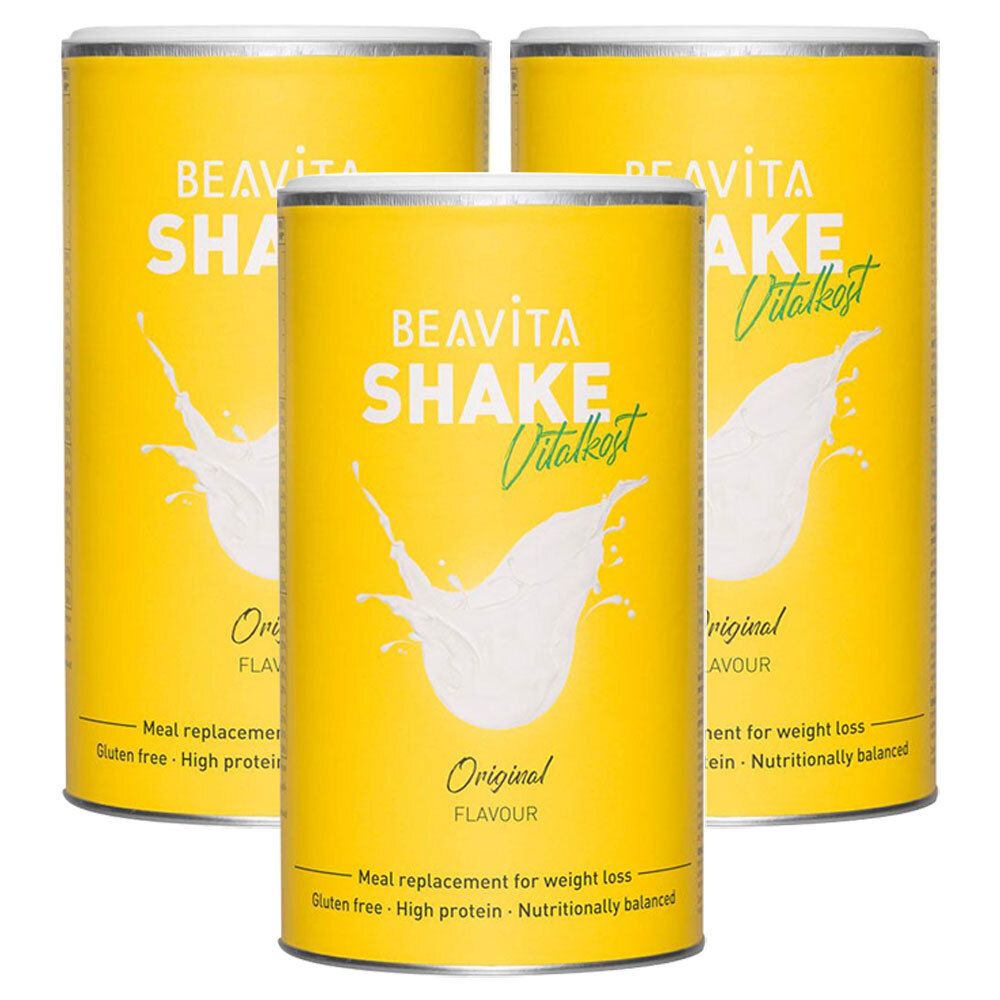 Trois boîtes jaunes avec l'inscription BEAVITA SHAKE Vitalkost. Inscription : Original, Flavor. Texte : Substitut de repas pour la perte de poids, sans gluten, riche en protéines.