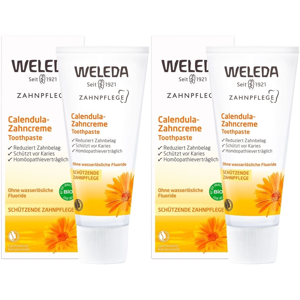 Plusieurs tubes et étuis de dentifrice. Inscription : Weleda, Calendula-Zahncreme, soin protecteur, sans fluor.