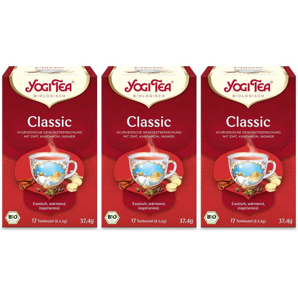 Trois boîtes de YOGI TEA® Classic. Boîtes rouges avec logo, nom du produit et image d'une tasse de thé. Label bio.