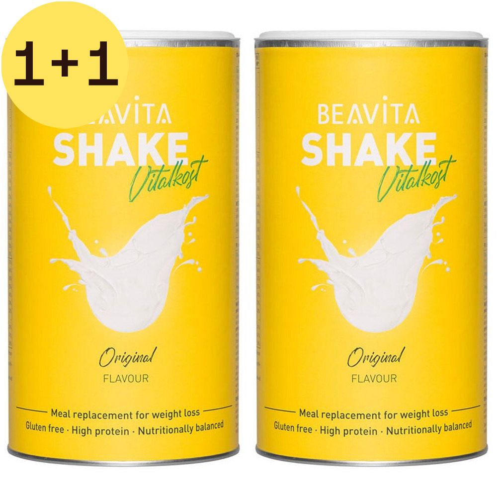 Deux boîtes jaunes avec couvercles blancs. Inscription: BEAVITA SHAKE Vitalkost, Original. Texte: Meal replacement for weight loss, sans gluten, riche en protéines.