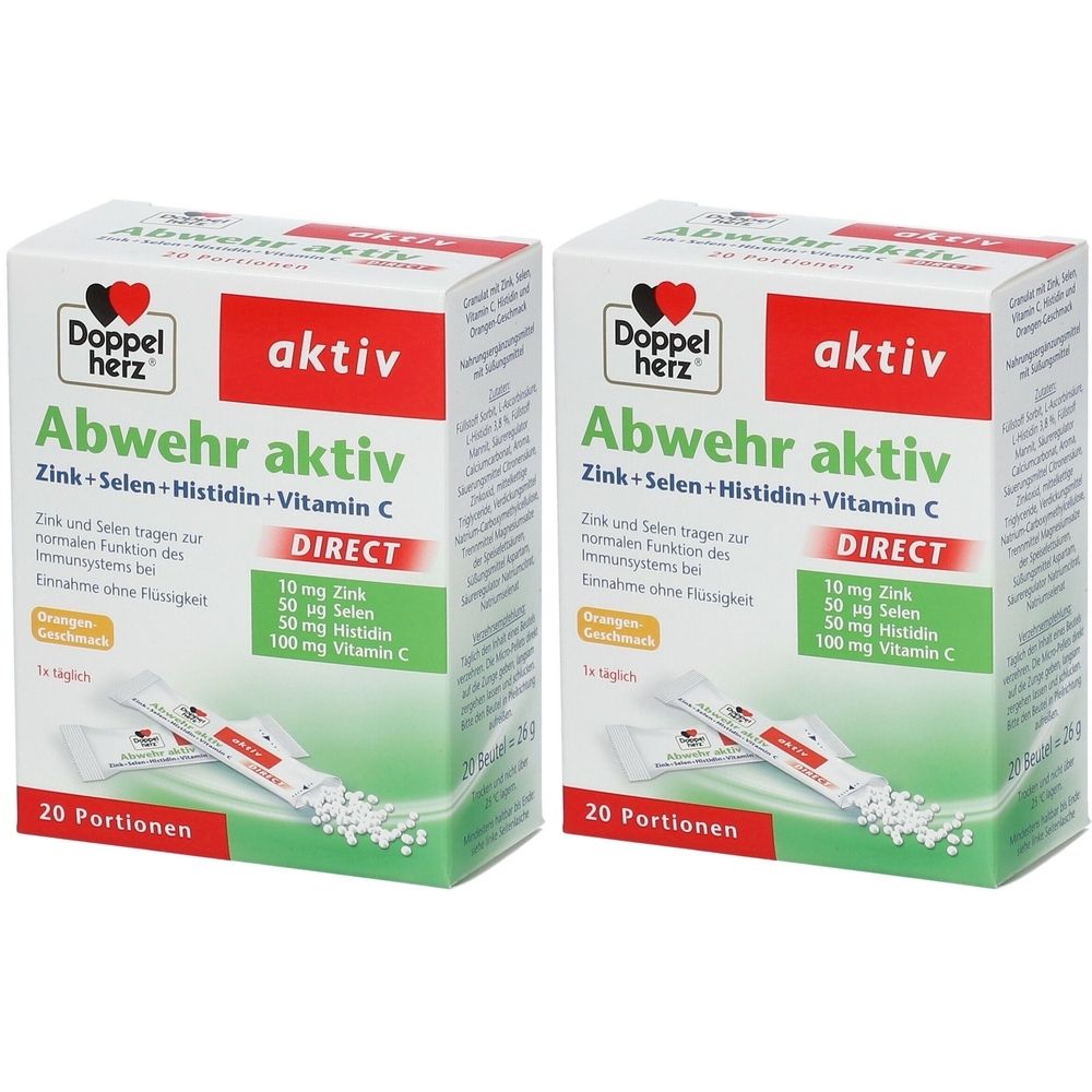 Deux boîtes de Doppelherz aktiv Abwehr aktiv DIRECT. Boîtes blanches avec texte rouge et vert. Contient 20 portions.
