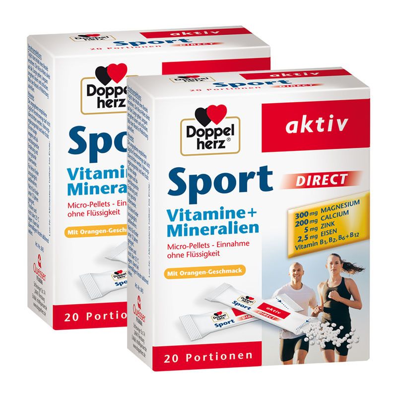 Zwei weiße Kartons mit "Doppelherz Sport"-Logo. Aufschrift: Vitamine + Mineralien, Direkt, 20 Portionen. Abbildung von Personen beim Sport.