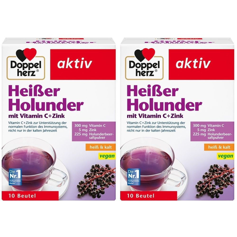 Deux boîtes de Doppelherz aktiv Heißer Holunder avec vitamine C + zinc. Chaque boîte contient 10 sachets. Vegan.