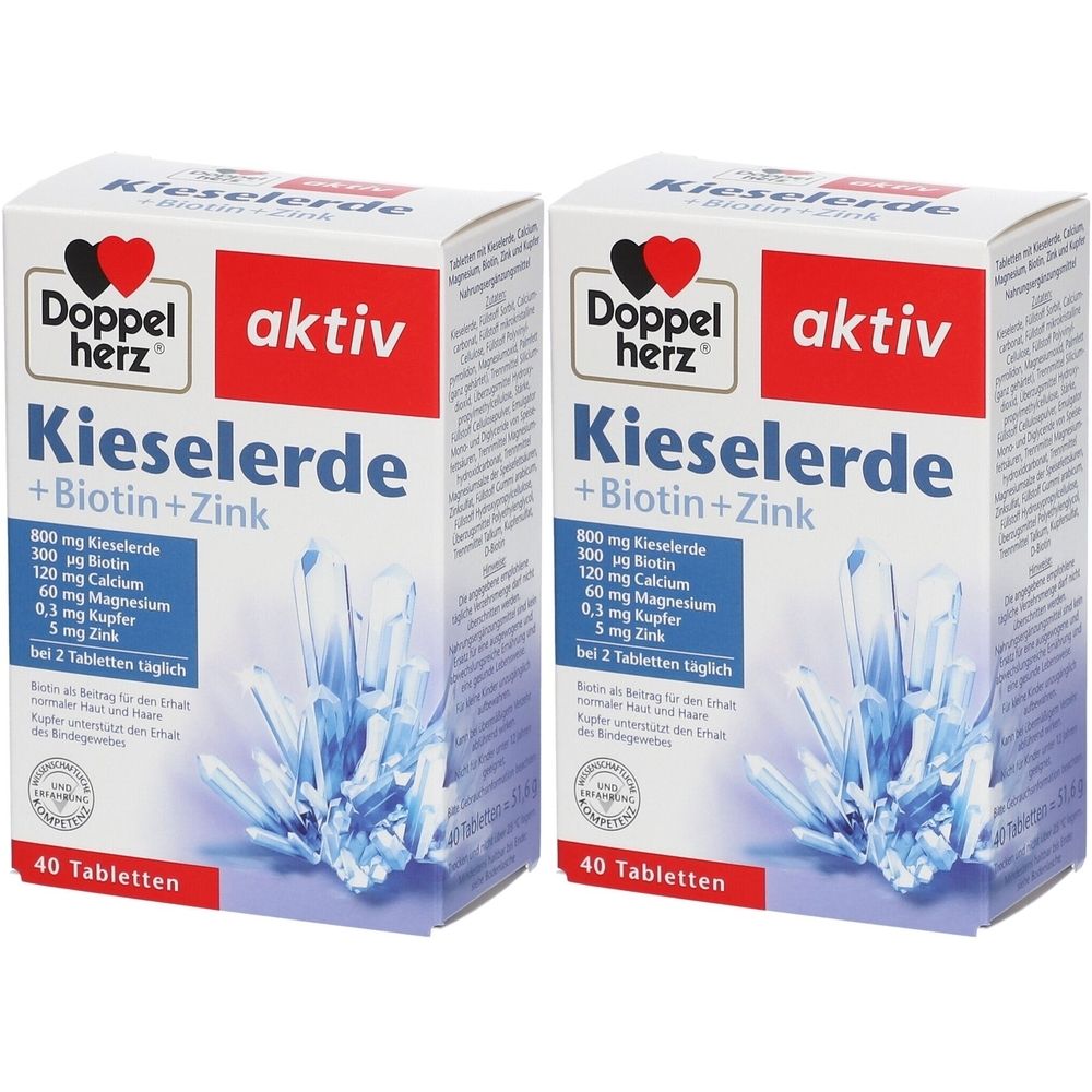 Zwei Schachteln mit der Aufschrift "Doppelherz aktiv Kieselerde + Biotin + Zink". Aufschrift: 40 Tabletten. Abbildung von Kristallen.