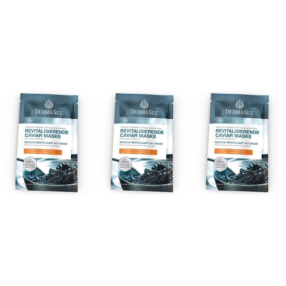 Trois sachets de masque facial. Inscription: DERMASEL, MASQUE REVITALISANT AU CAVIAR. Illustration de caviar. Ingrédients 100% naturels.