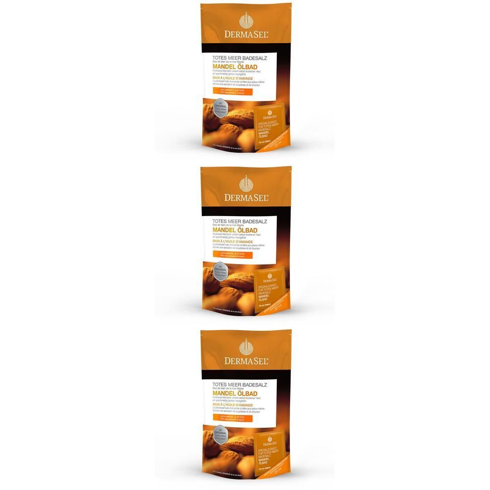 Trois paquets de DERMASEL® SPA Mandel Ölbad avec motif d'amande.