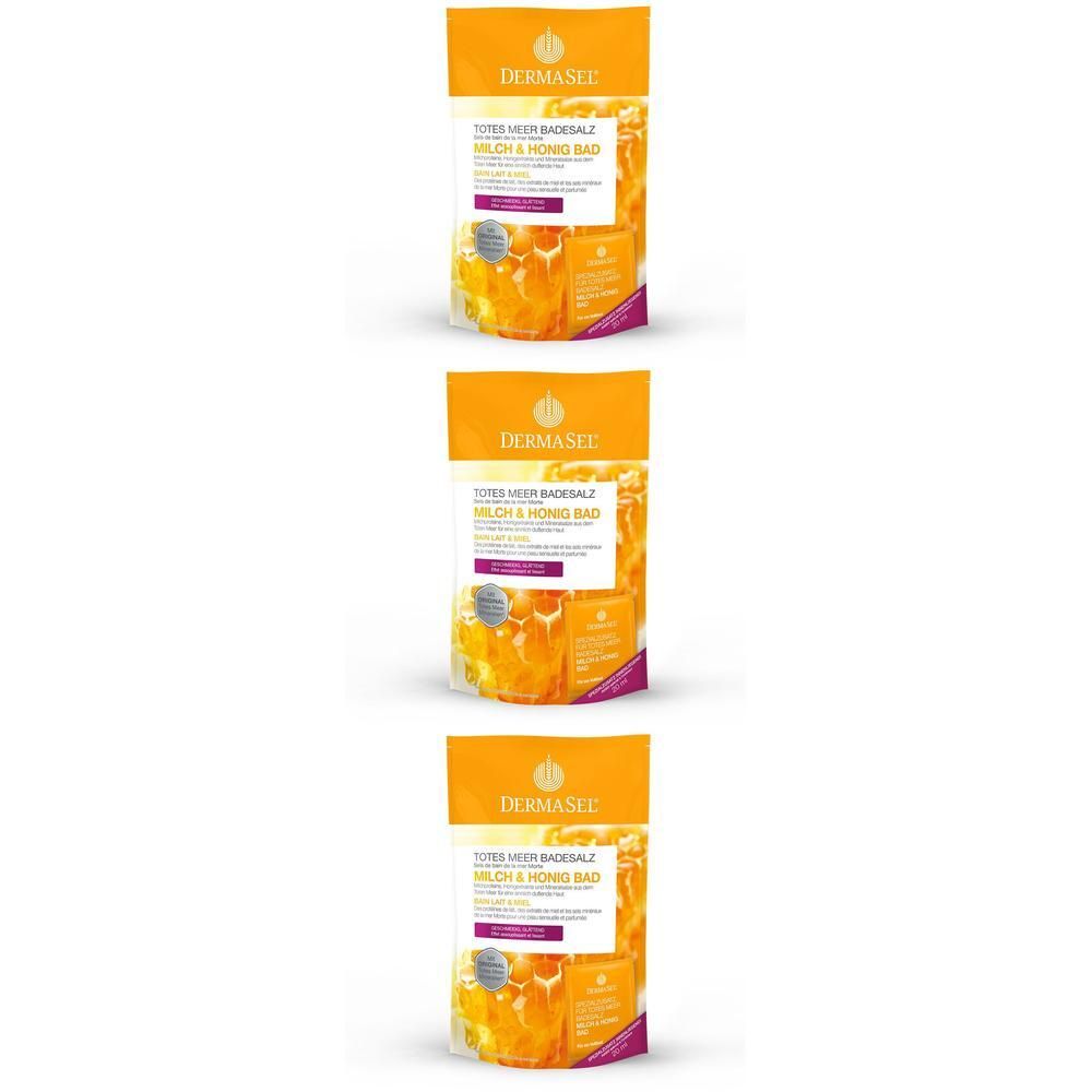 Trois paquets de sel de bain DERMASEL® SPA Lait & Miel avec motif alvéolé.