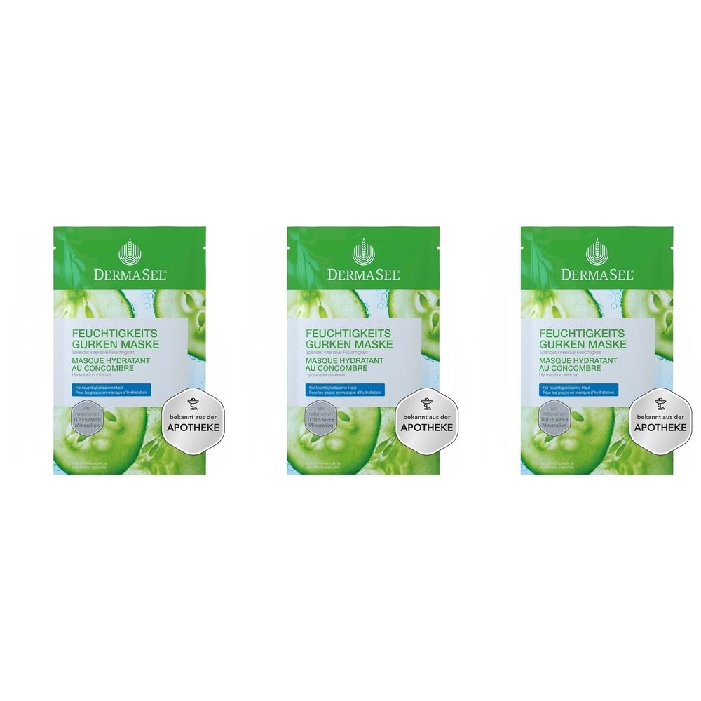 Trois sachets verts de masque concombre. Inscription: DERMASEL, Masque hydratant au concombre. Sceau de pharmacie.