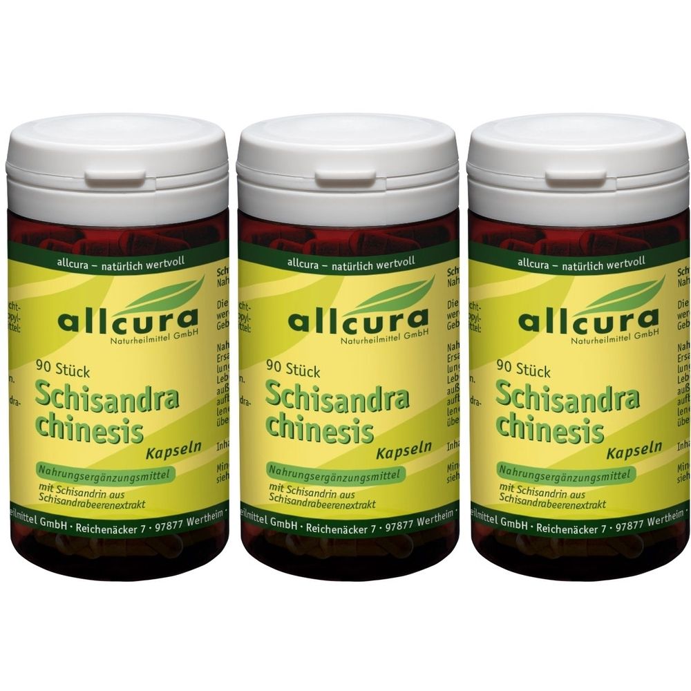 Trois flacons de gélules allcura Schisandra chinensis. Bouchons blancs, étiquettes jaunes avec logo et texte.