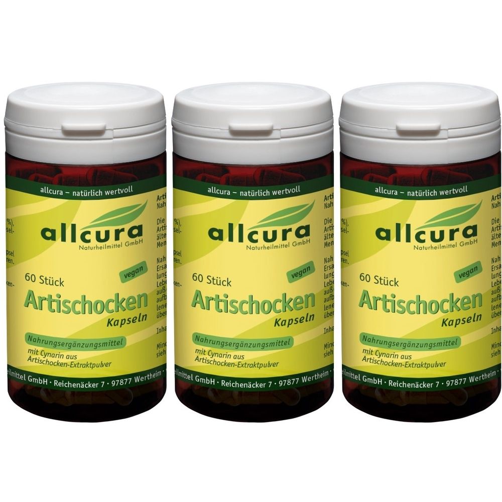 Trois flacons avec couvercles blancs. Inscription: allcura Artischocken Kapseln, 60 pièces, vegan. Flacons bruns avec étiquettes jaunes.