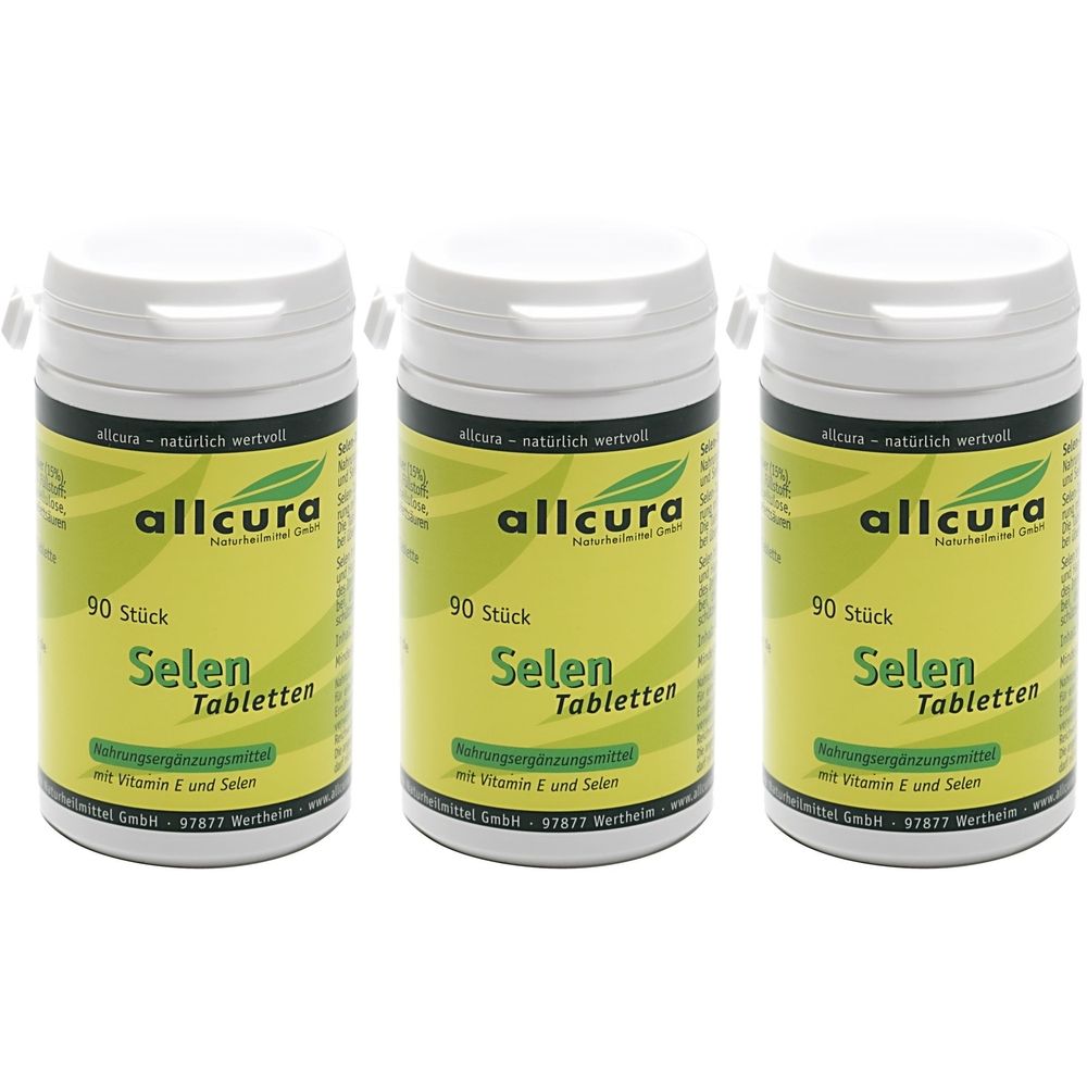 Trois flacons en plastique blanc avec des étiquettes jaunes. Les étiquettes indiquent "allcura Selen Tabletten" et "90 Stück".