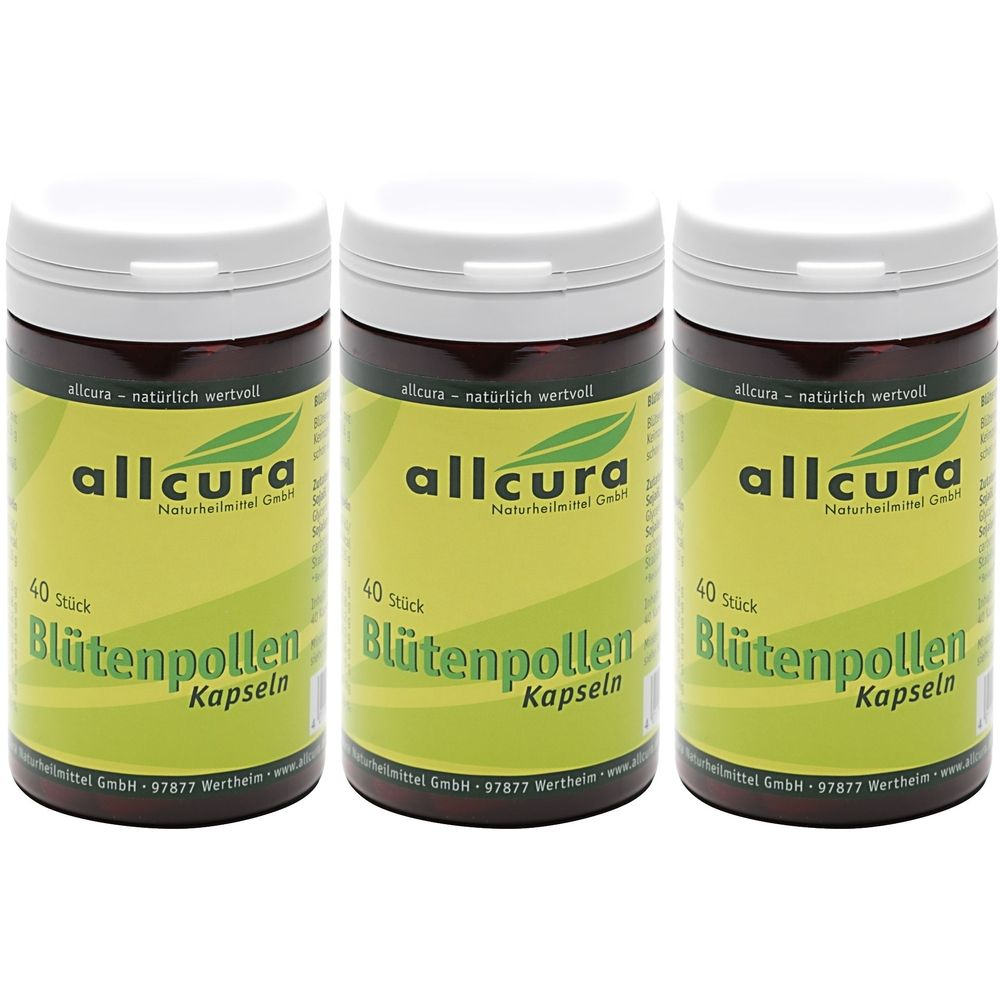 Drei braune Dosen mit weißen Deckeln. Auf den Etiketten steht "allcura Blütenpollen Kapseln". Jede Dose enthält 40 Stück.