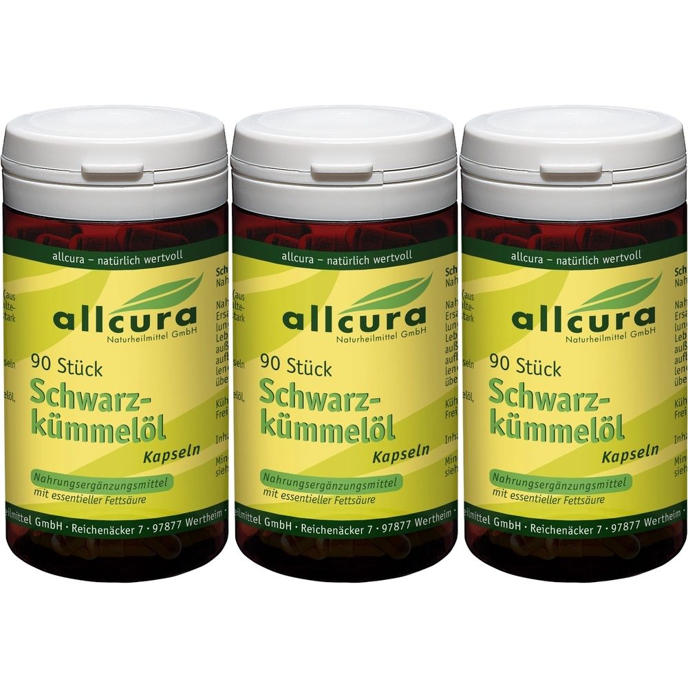 Trois flacons de gélules d'huile de cumin noir allcura. Chaque flacon a un couvercle blanc et une étiquette jaune avec des informations.