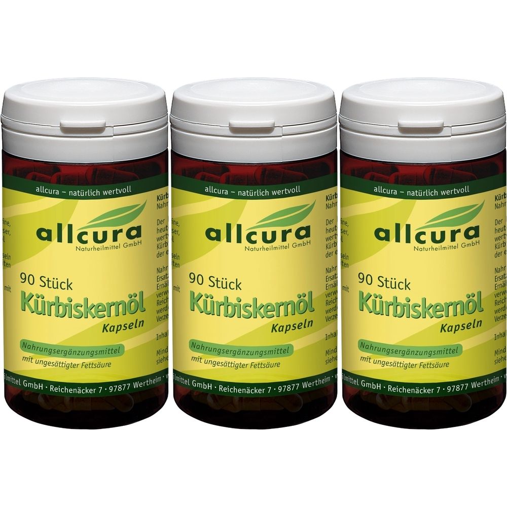 Drei Flaschen Kürbiskernöl Kapseln. Jede Flasche hat einen weißen Deckel und ein gelbes Etikett mit der Aufschrift "allcura".