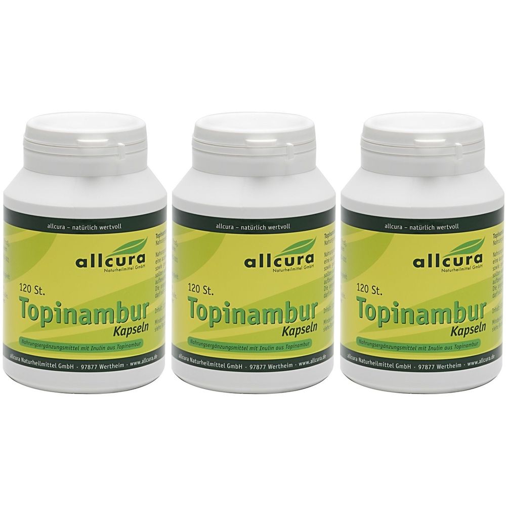 Drei weiße Flaschen mit grünen Etiketten. Auf den Etiketten steht "allcura Topinambur Kapseln". Jede Flasche enthält 120 Stück.