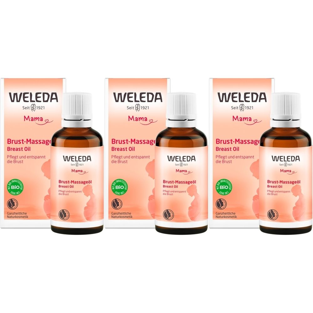 Trois flacons d'huile de massage mammaire avec emballage. Flacons en verre brun avec bouchons blancs. Emballage avec logo et nom du produit.