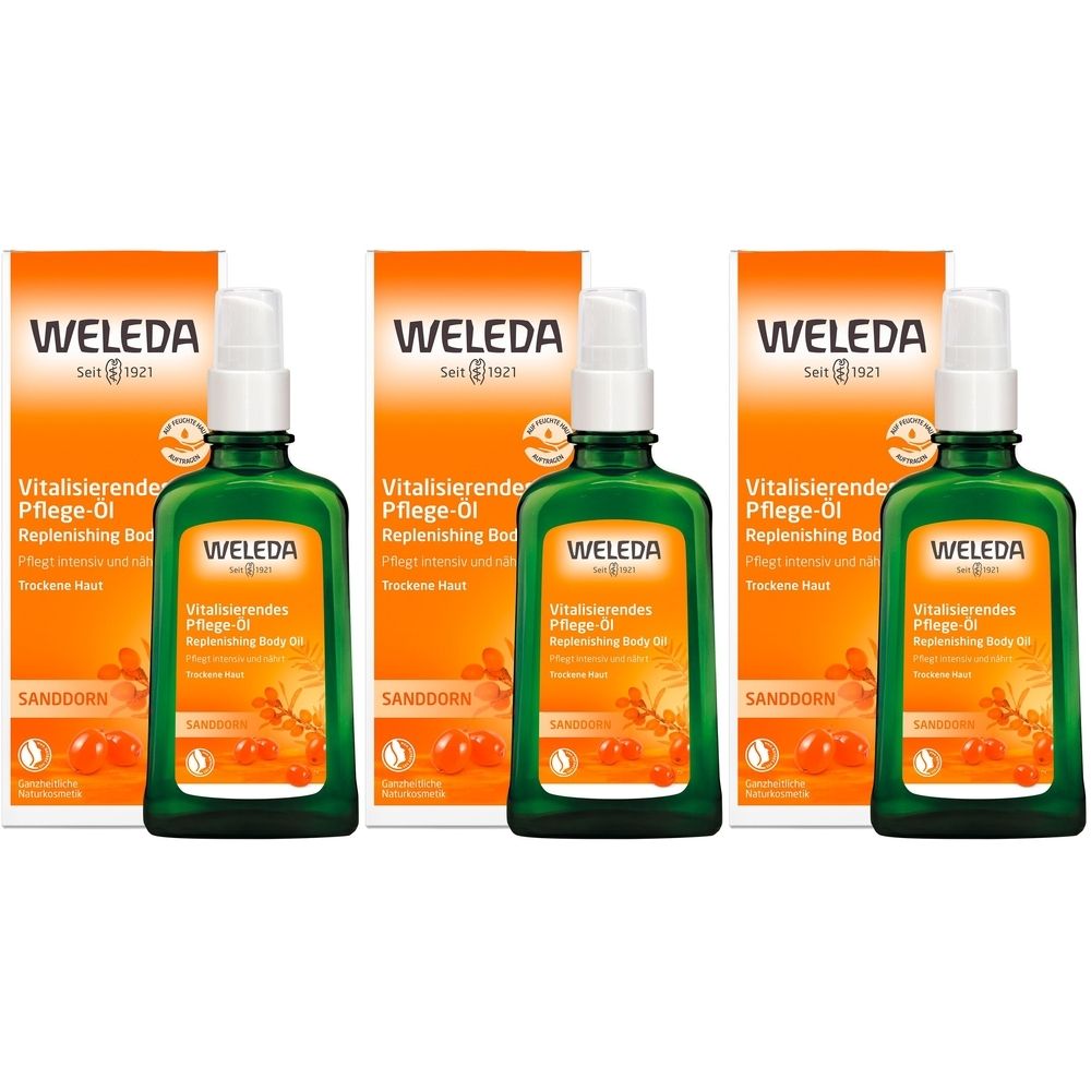 Drei Flaschen und Verpackungen von Weleda Körperöl Sanddorn. Grüne Flaschen mit Sprühkopf, orangefarbene Verpackung mit Produktinformationen.