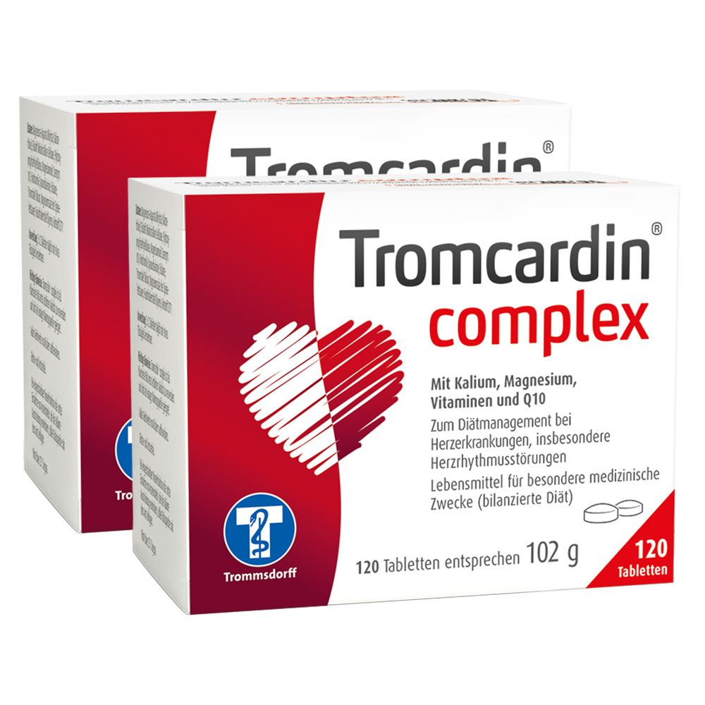 Zwei weiße Kartons mit roter Schrift. Aufdruck: Tromcardin complex, Herzsymbol, 120 Tabletten.