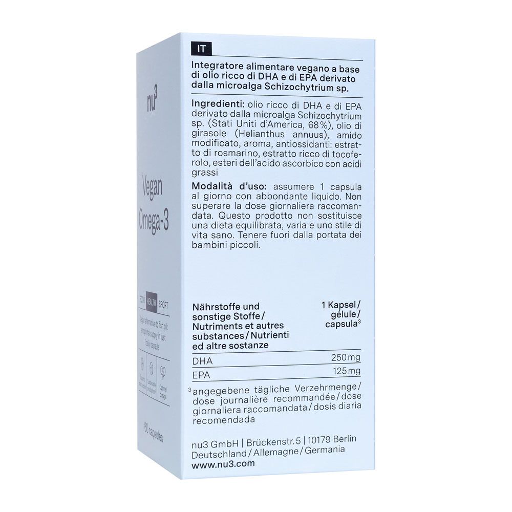 Dos de l'emballage avec ingrédients et conseils d'utilisation des gélules Omega-3 vegan.