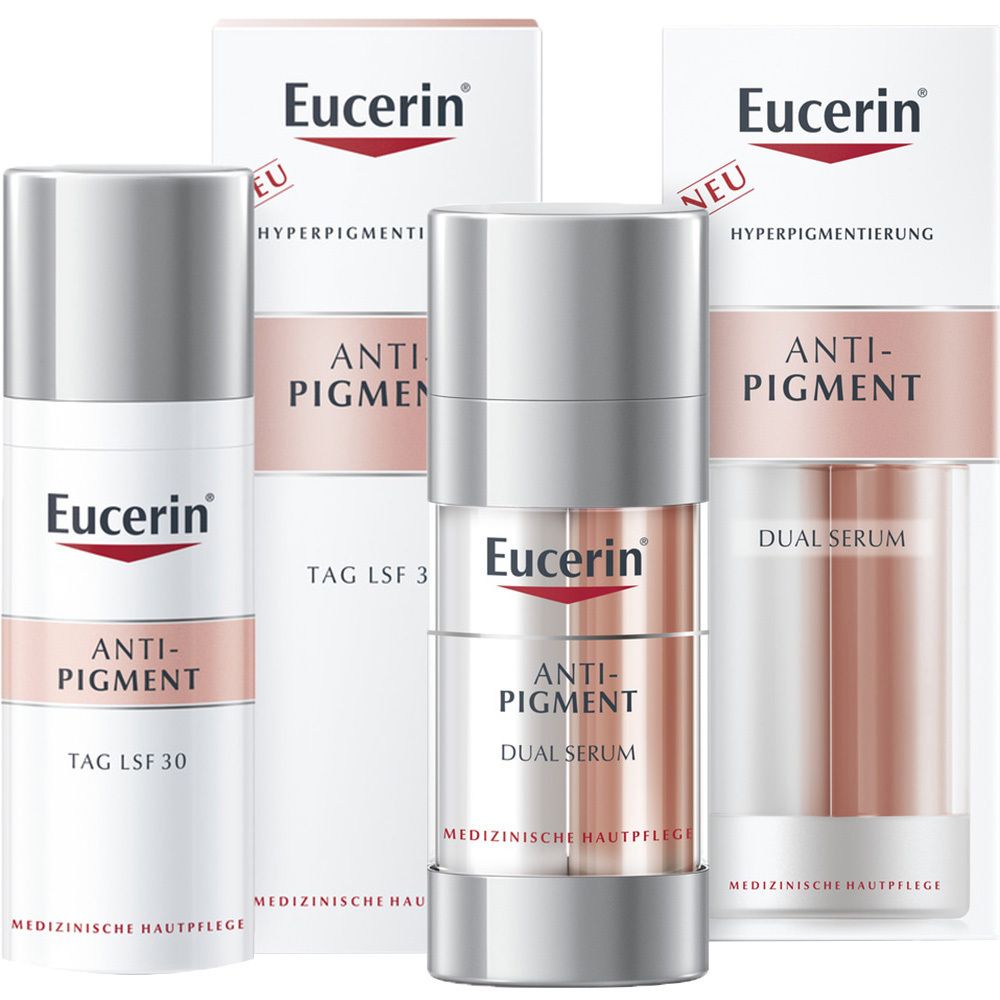 Produits Eucerin Anti-Pigment : Jour SPF 30, Sérum Dual et emballages. Soin médical de la peau.