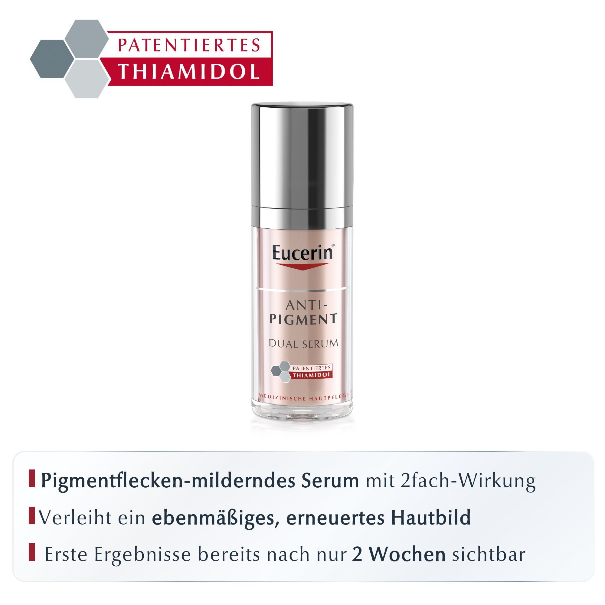 Sérum Dual Eucerin Anti-Pigment. Flacon avec bouchon argenté. Contient du Thiamidol. Contre les taches.