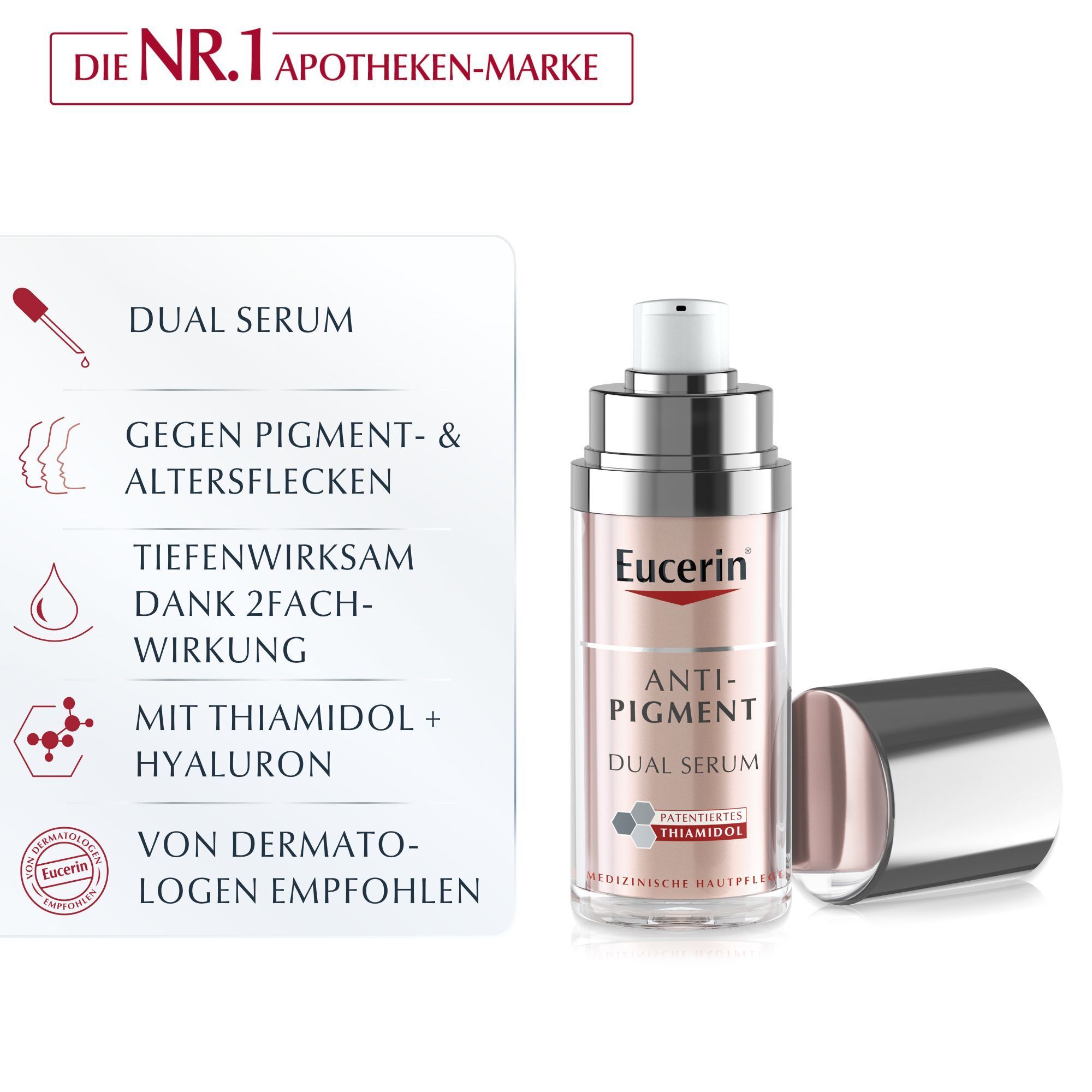 Sérum Dual Eucerin Anti-Pigment. Flacon avec bouchon argenté. Contre les taches et l'âge. Testé dermatologiquement.