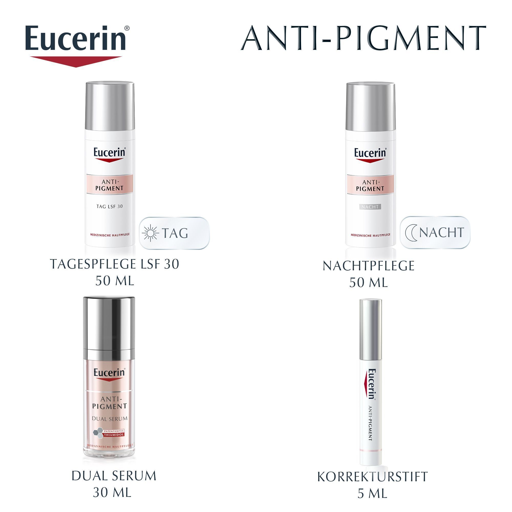 Produits Eucerin Anti-Pigment : Soin de jour SPF 30, Soin de nuit, Sérum Dual et Stylo correcteur. 50ml et 30ml.