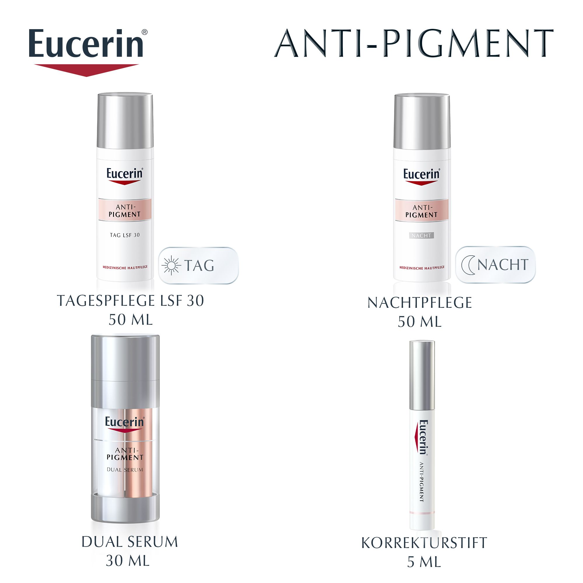 Eucerin Anti-Pigment Produkte: Tagespflege LSF 30, Nachtpflege, Dual Serum und Korrekturstift. Weiß, silber und rosa.