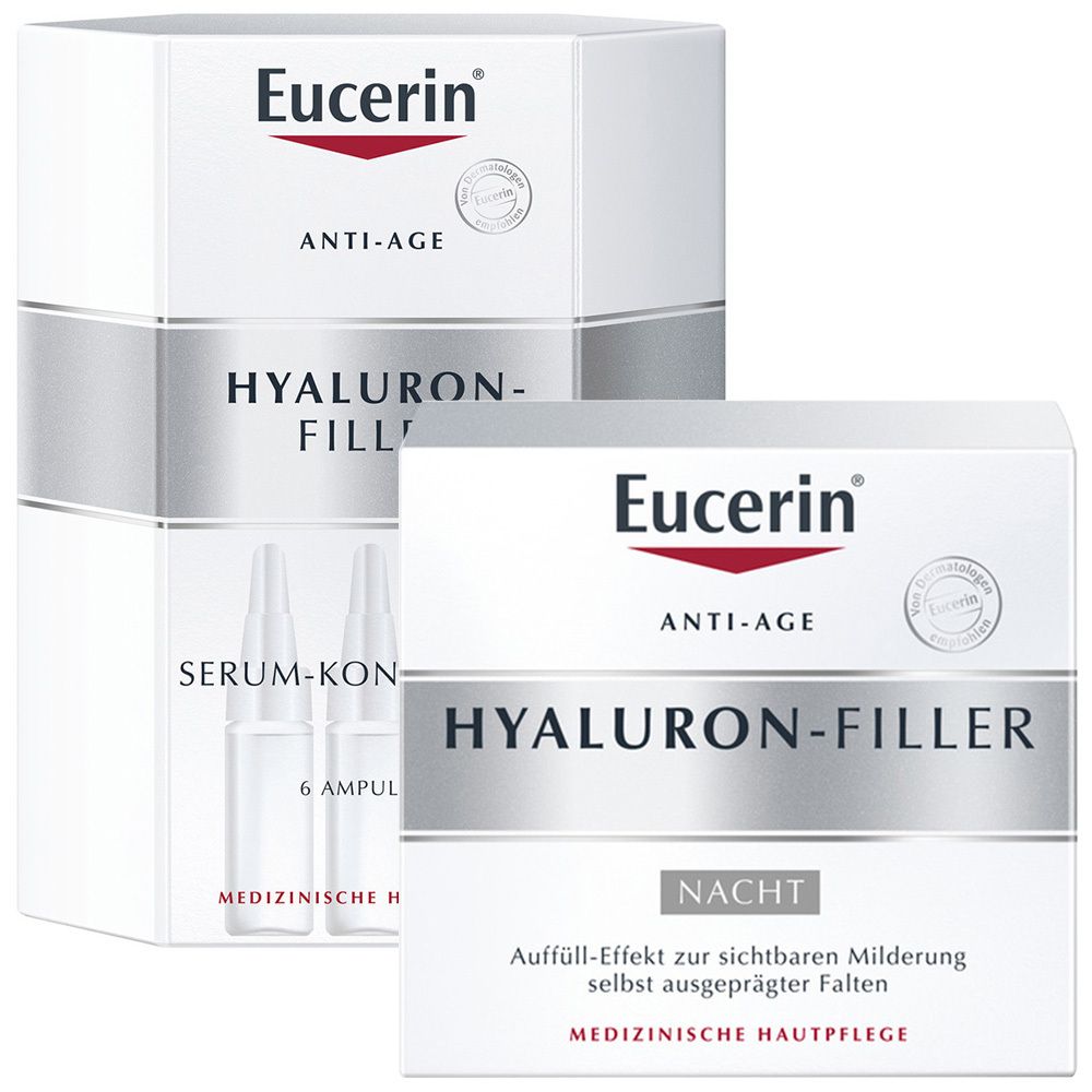 Deux boîtes blanches. Inscription "Eucerin ANTI-AGE HYALURON-FILLER". Une boîte avec des ampoules, l'autre avec "NACHT" (nuit).
