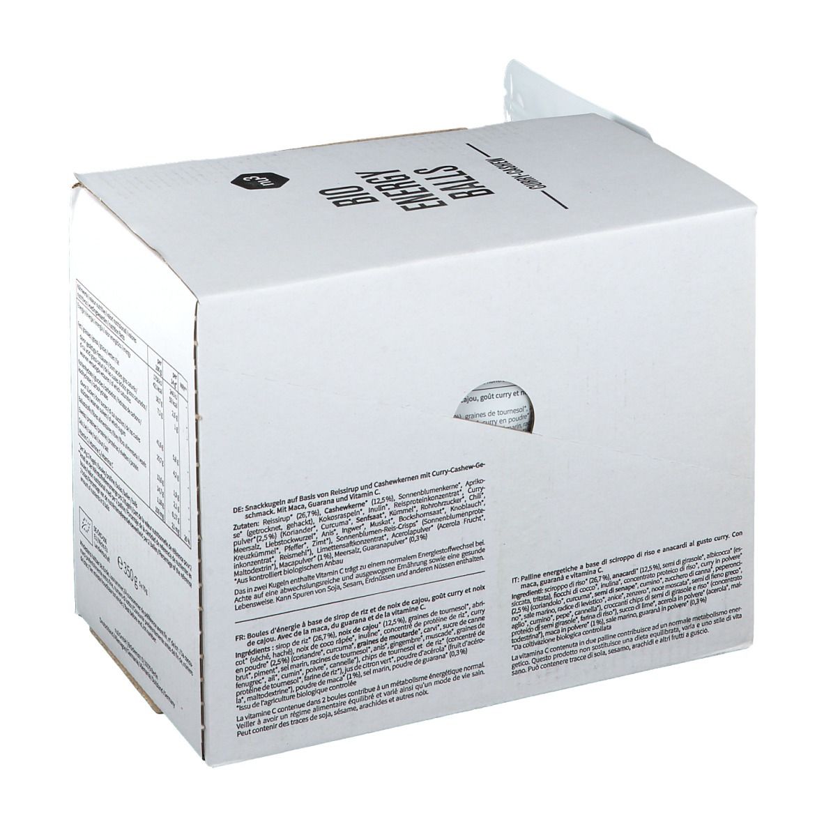 Rückseite einer weißen Kartonverpackung mit Text. Enthält Nährwertangaben und Zutatenlisten. Loch für den Griff.