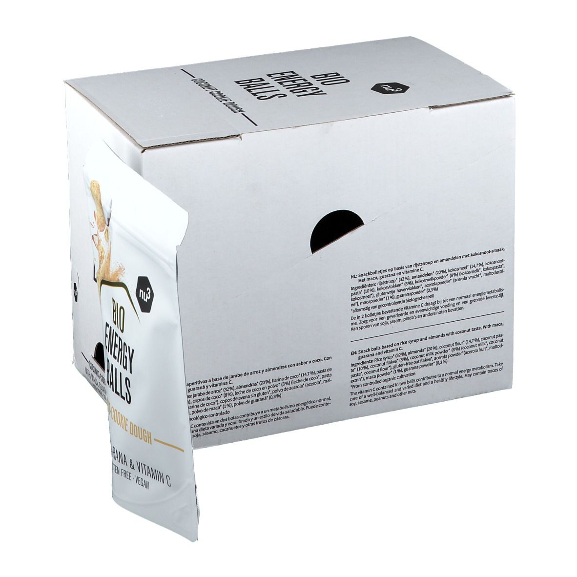 Emballage en carton avec rabat partiellement ouvert. Inscription "BIO ENERGY BALLS" et nom du produit. À côté, un sachet de produit ouvert. Texte : "Coconut-Cookie Dough", "Maca, Guarana & Vitamin C".