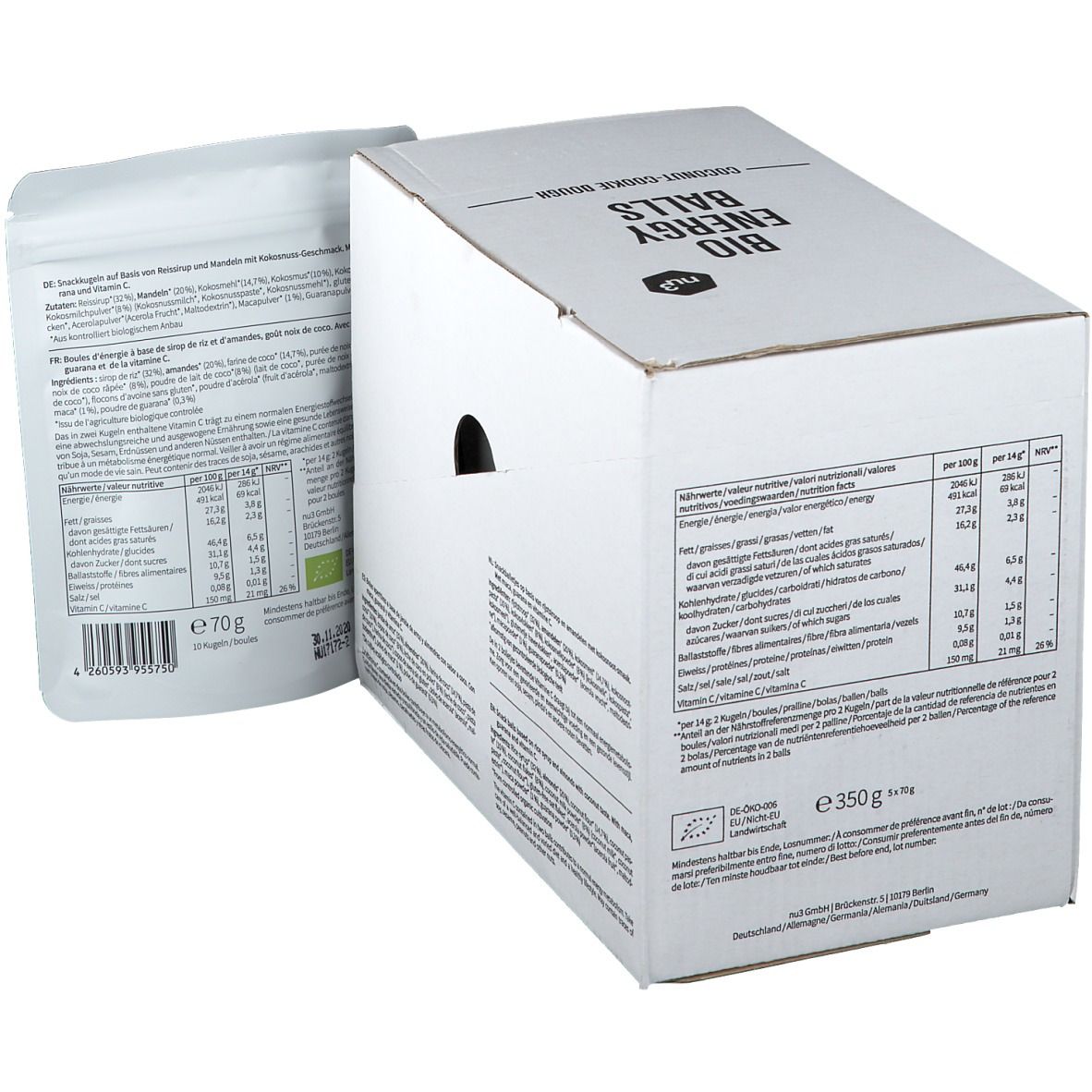 Emballage en carton avec sachet de produit à côté. Inscriptions : "BIO ENERGY BALLS", informations nutritionnelles, liste des ingrédients. Sachet de produit avec texte : "Coconut-Cookie Dough", "Maca, Guarana & Vitamin C".