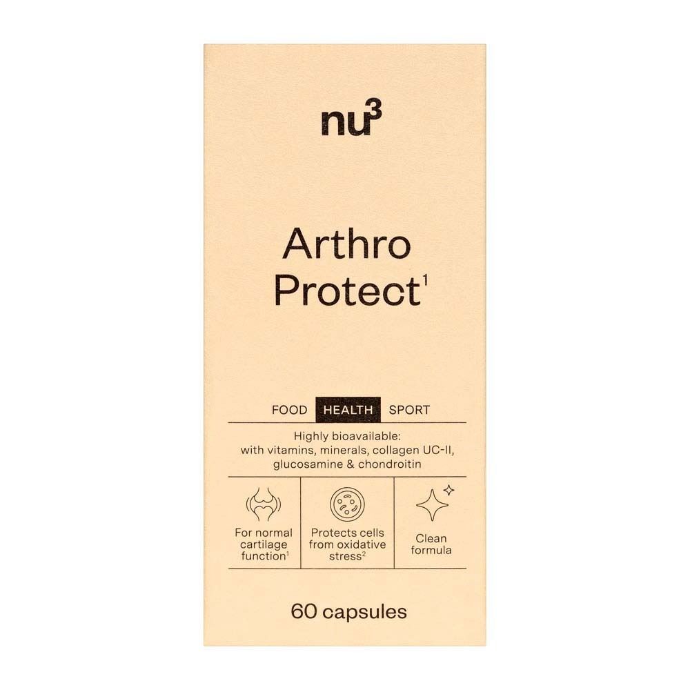 Beige Kartonverpackung. Aufschrift: nu3, Arthro Protect, 60 Kapseln. FOOD, HEALTH, SPORT. Abbildungen: Knorpelfunktion, oxidativer Stress, Clean Formula.